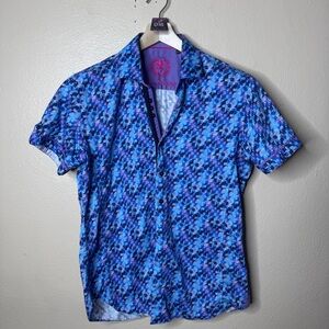 Au Noir Shirt Mens Medium Blue Purple Button Up Short Sleeve Geometric Pattern